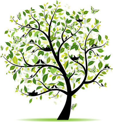 image of spring tree with green leaves and birds